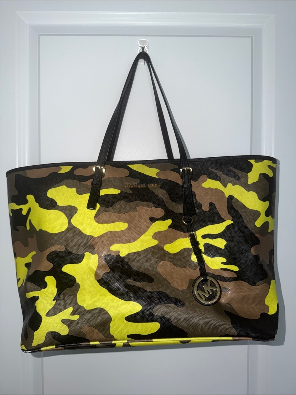 Michael Kors Neon Yellow Camouflage Tote with Black Straps